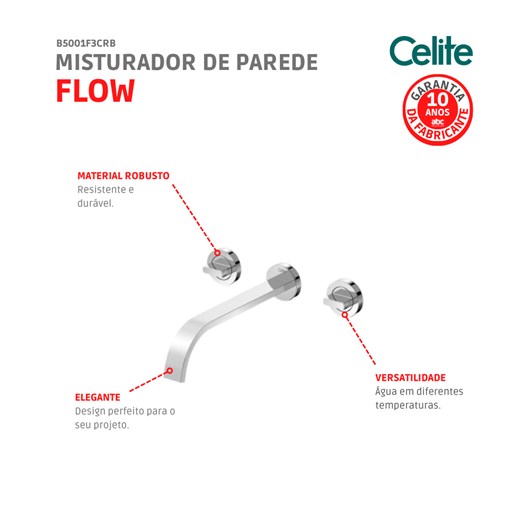 Misturador De Parede Para Lavatório C/ Válvula De Escoamento Flow Cromado Celite - Imagem principal - d325bed4-c85c-4825-bfbe-de985981eab4