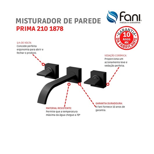 Misturador De Parede Para Lavatório Prima 210 Preto Fosco Fani - Imagem principal - 3ec60a14-c2ed-4921-bf40-bb97abdee15d