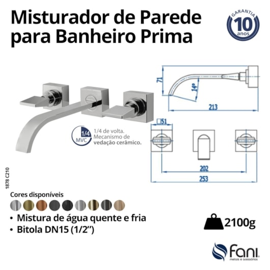 Misturador De Parede Para Lavatório Prima 210 Preto Fosco Fani - Imagem principal - f9bc352e-6fe8-41f7-8fcd-274aee634e2b