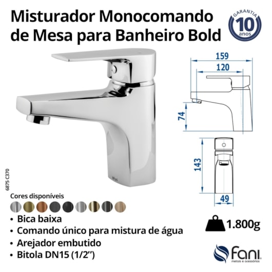 Misturador Monocomando de Mesa para Banheiro Doro Vecchio Bica Baixa Bold 6875 DV370 DN 15 1/2 Fani - Imagem principal - 7bd7a0d3-a219-4872-b8fb-efc88d8887bd