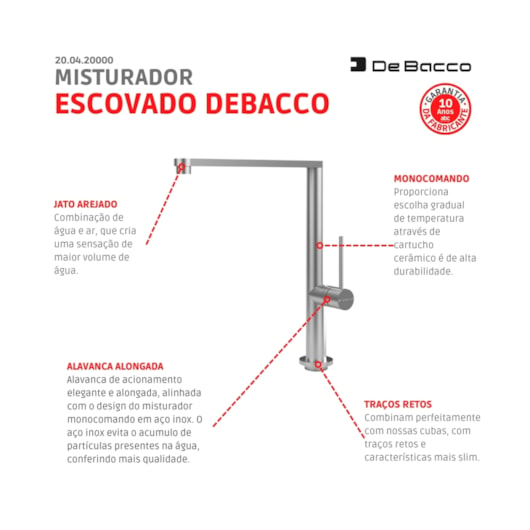 Misturador Monocomando De Mesa Para Cozinha Bica Alta 200 Inox Escovado Debacco - Imagem principal - 2377bb5b-4707-45d8-9536-e424891abde1