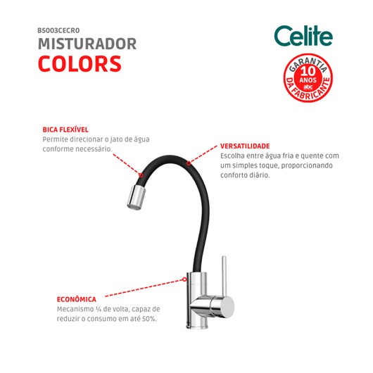 Misturador Monocomando de Mesa Para Cozinha Colors Cromado/Preto Celite - Imagem principal - 2c8aa1d5-c3fb-4561-befb-fcab94510634
