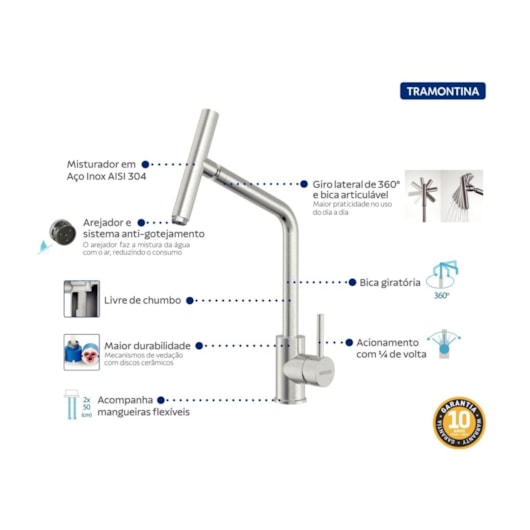 Misturador Monocomando De Mesa Para Cozinha Versa Bica Articulada Inox Tramontina - Imagem principal - ee2ca7eb-9c7d-4378-b05b-c9aa0434fd27