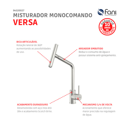 Misturador Monocomando De Mesa Para Cozinha Versa Bica Articulada Inox Tramontina - Imagem principal - 008d4777-daf2-4ad4-af7e-d7511a798c45