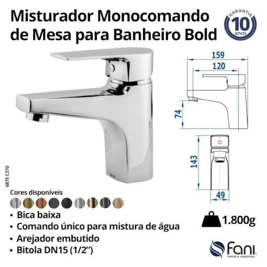 Misturador Monocomando De Mesa Para Lavatório Bica Baixa Bold 6875 BK370 Preto Fosco Fani   - Imagem principal - 4f002ce3-f8bf-428d-8d30-457f9126fce3