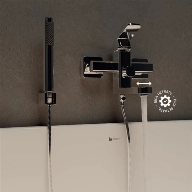 Misturador Monocomando de Parede para Banheira com Ducha Manual e Bica Retratil Purus Chrome Immersi