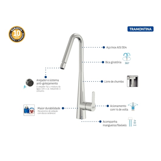 Misturador Monocomando Graceful em Aço Inox Tramontina - Imagem principal - 4eaa418a-db56-46c6-82c2-acbb68c8fbe4