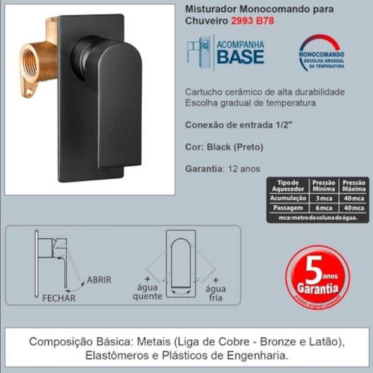 Misturador Monocomando Para Chuveiro Like B78 Black Lorenzetti - Imagem principal - 283021fc-5d18-4c7d-ad66-e679cb60c5d2