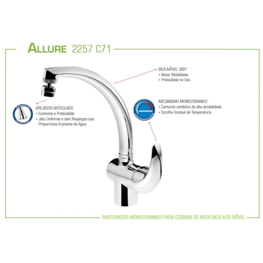 Misturador Monocomando Para Cozinha De Mesa Allure 2257 C71 Cromado Lorenzetti - Imagem principal - 1f96e293-508f-4ba5-91df-1fb32e830aad