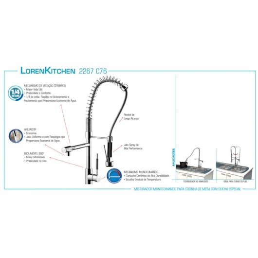 Misturador Monocomando Para Cozinha De Mesa Gourmet Kitchen Com Ducha Especial C76 2267 Cromada Lorenzetti - Imagem principal - cfdbf1c4-905d-48a2-aeec-145eade52cb1