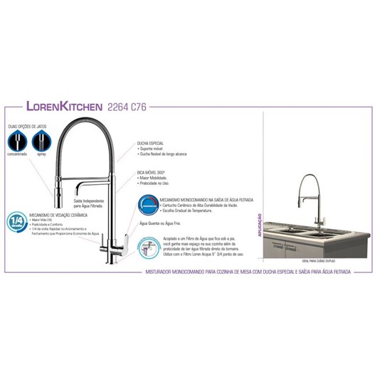 Misturador Monocomando Para Cozinha De Mesa Kitchen Com Ducha E Saída Para Água Filtrada 2264 Cromada Lorenzetti - Imagem principal - 67b005d3-fd71-4066-8f61-bc9aca09f2bb