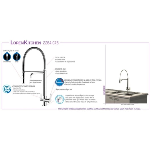 Misturador Monocomando Para Cozinha De Mesa Kitchen Com Ducha E Saída Para Água Filtrada 2264 Cromada Lorenzetti - Imagem principal - ffe822b1-8fcf-468f-bd62-917fc6b4a18f