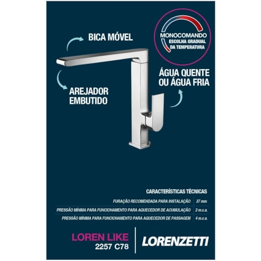 Misturador Monocomando Para Cozinha De Mesa Like 2257 C78 Cromado Lorenzetti - Imagem principal - e37206a9-2be4-4aea-ac61-74b9952fa8eb