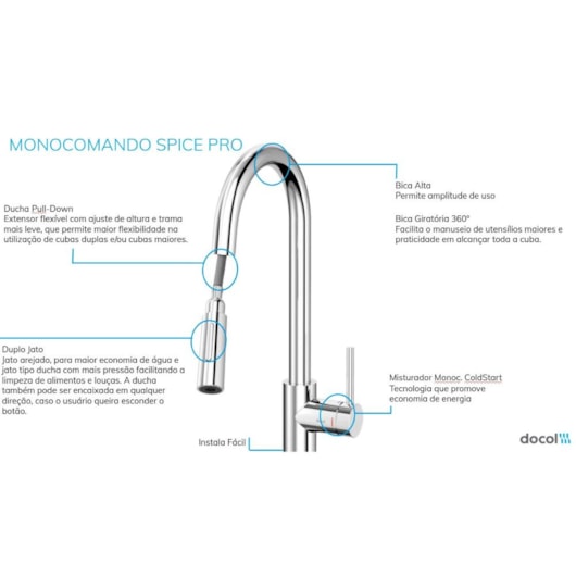 Misturador Monocomando Para Cozinha Spice Pro Cromado Docol - Imagem principal - 1a582aa9-5889-4c5a-bfd9-f34b476a472e