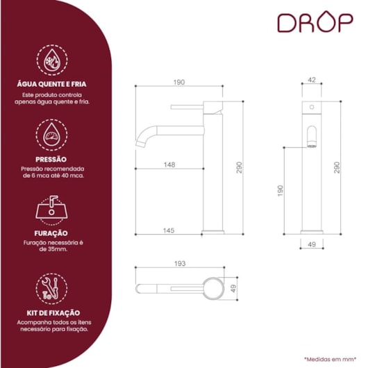 Misturador Monocomando Para Lavatório Bica Alta Black Matte Drop - Imagem principal - 6d9303da-94cd-4d51-b27d-abd47aea7f39
