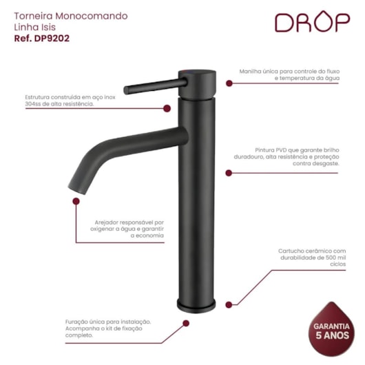 Misturador Monocomando Para Lavatório Bica Alta Black Matte Drop - Imagem principal - 7fc04036-4d19-47eb-a3f2-b0c863be1c87
