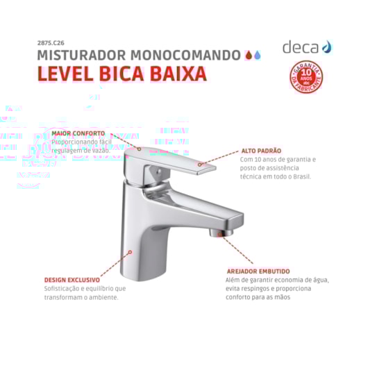 Misturador Monocomando Para Lavatório De Mesa Bica Baixo Level Cromado Deca - Imagem principal - 5b33a45b-d580-48b9-9b71-29262282cbe7