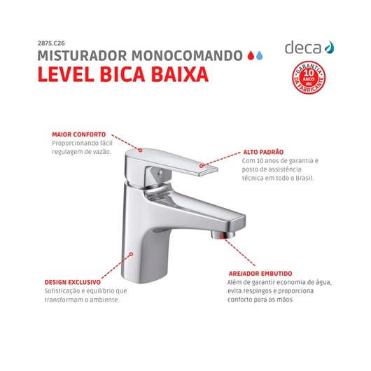 Misturador Monocomando Para Lavatório De Mesa Level Bica Baixa 2875 Cromado Deca - Imagem principal - fedbb931-3b7f-415c-b9c5-cfa15fbf52a0