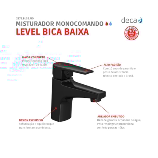Misturador Monocomando Para Lavatório De Mesa Level Bica Baixa Black Noir Deca - Imagem principal - 497ad2ee-989a-45b2-9d32-cf859ce706fc