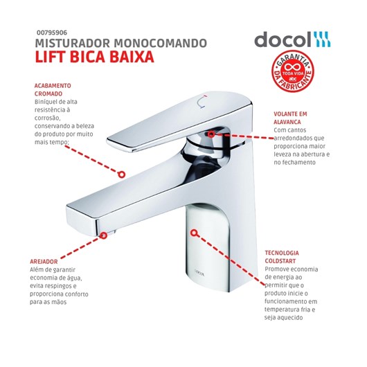 Misturador Monocomando Para Lavatório De Mesa Lift Bica Baixa Cromado Docol - Imagem principal - c65c9998-fcdb-4a8f-b8e6-fc9be931bb35