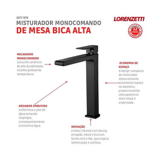 Misturador Monocomando Para Lavatório De Mesa Like Bica Alta B78 2877 Black Lorenzetti - Imagem principal - 2be795e6-11f1-40ae-b777-a5890c9b3cfd