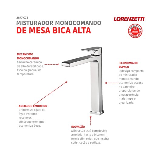 Misturador Monocomando Para Lavatório De Mesa Like Bica Alta C78 2877 Cromada Lorenzetti - Imagem principal - 1c24bc91-bda0-4bfb-ba6f-58f48918497d