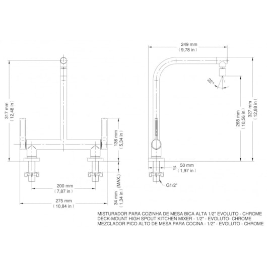 Misturador Para Cozinha De Mesa Bica Alta Evoluto Cromada Docol - Imagem principal - 5397d67d-b59c-4fbc-bc40-f006b8d62af3