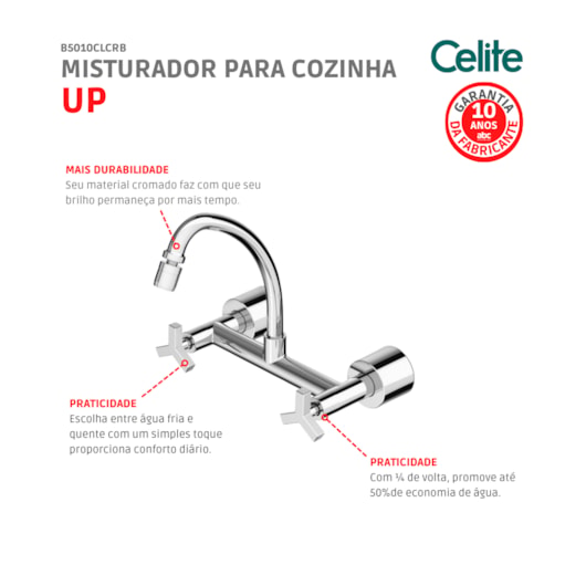 Misturador Para Cozinha De Parede Up Cromada Celite - Imagem principal - bf8c81b4-44d5-4250-a14b-c2a7ec2a8dc3