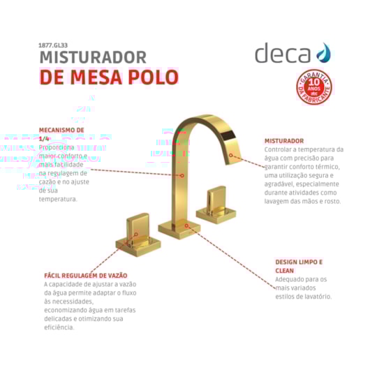 Misturador Para Lavatório De Mesa Bica Alta Polo 1877 Gold Deca - Imagem principal - bf016d1c-6368-453a-9730-bf80632fde70