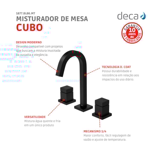 Misturador Para Lavatório De Mesa Cubo Bica Alta 1877 Black Matte Deca - Imagem principal - 65114d4d-976a-458f-aaf8-0d80998a607b