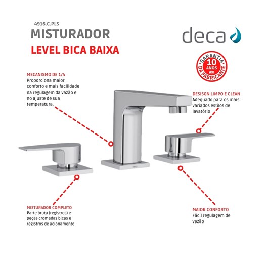 Misturador Para Lavatório De Mesa Level Bica Baixa Cromado Deca - Imagem principal - bc9b0b49-8111-4328-b2b1-a4c3928aa123