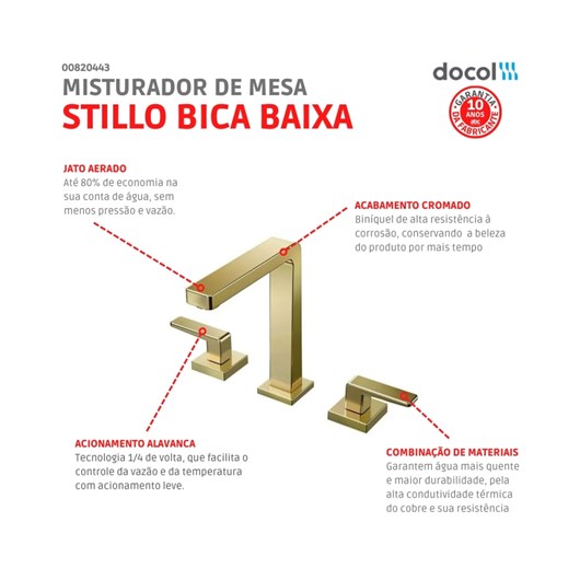 Misturador Para Lavatório De Mesa Stillo Bica Baixa Ouro Polido Docol - Imagem principal - bb603268-3a55-4556-8851-f29db39b1a2a