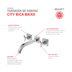Misturador Para Lavatório De Parede City Bica Baixa Cromada Docol