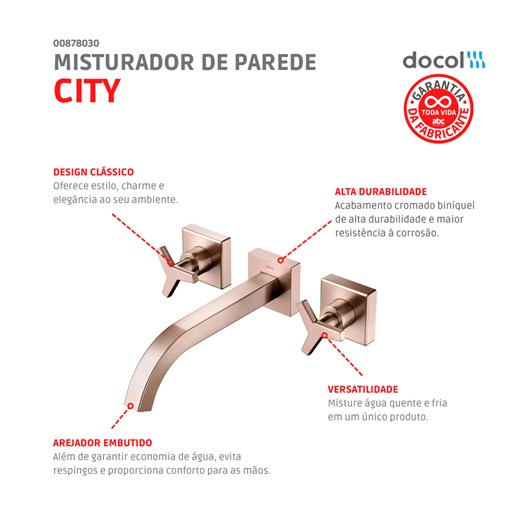 Misturador Para Lavatório De Parede City Cobre Polido Docol - Imagem principal - 667875ab-bbf8-40d5-a0d0-771a4a5ee93c