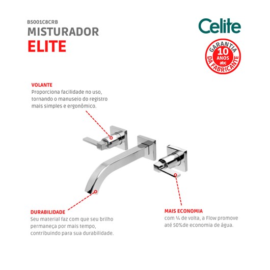 Misturador Para Lavatório De Parede Elite Cromada Celite - Imagem principal - 13d1d81e-6cac-48fd-9019-831e175e5959