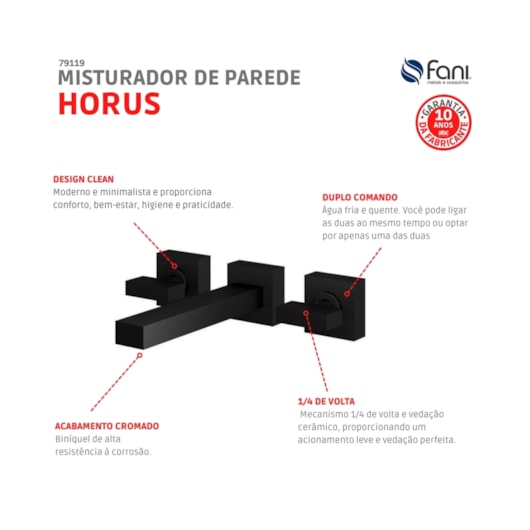 Misturador Para Lavatório De Parede Horus 450 Preto Fosco Fani - Imagem principal - 3b085063-605a-4d5c-ba15-86f9456c1ddb