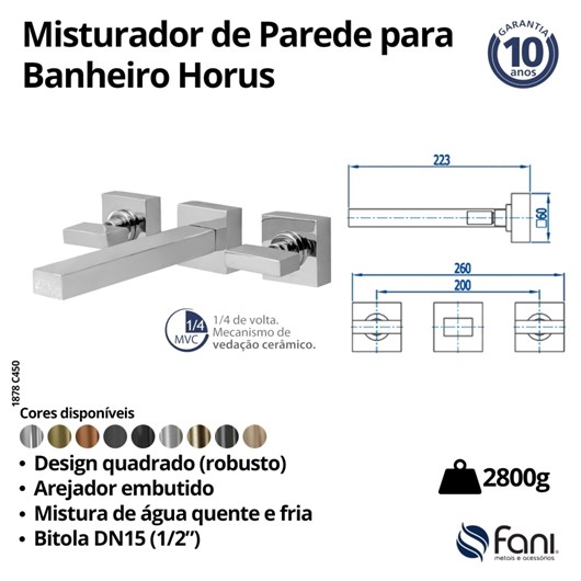Misturador Para Lavatório De Parede Horus 450 Preto Fosco Fani - Imagem principal - db330195-2c40-46a1-8f43-f145f100740b