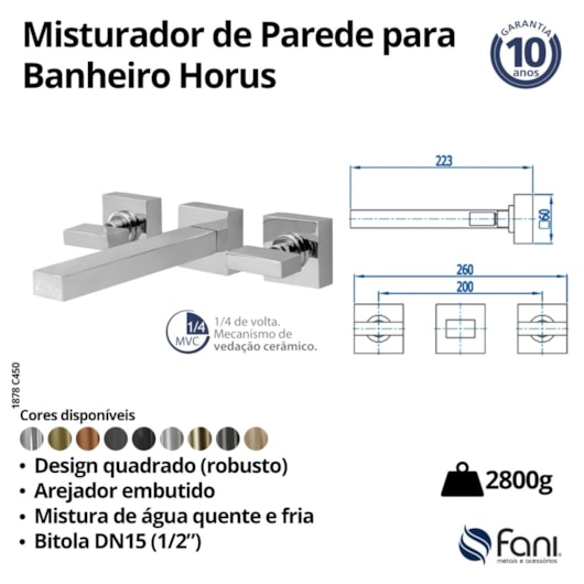Misturador Para Lavatório De Parede Horus 450 Preto Fosco Fani - Imagem principal - aee4b9a5-9401-4a39-856f-03aad6b1e068