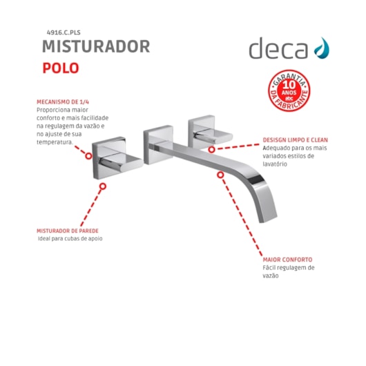 Misturador Para Lavatório De Parede Polo 1878 Cromado Deca - Imagem principal - a062faa7-c945-417c-b6c1-2f5c8a7fdd0d