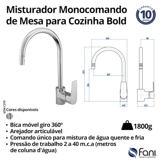 Monocomando De Mesa Para Cozinha Bica Alta Bold Cromado Fani - Imagem principal - 08688d4d-efe8-4242-9e70-7e92c72a885a