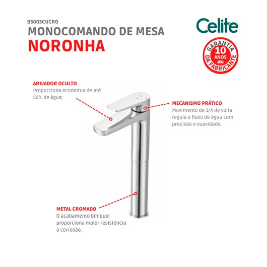 Monocomando De Mesa Para Lavatório Bica Alta Noronha Cromado Celite - Imagem principal - 2ed59847-e975-43ca-b190-f6d15dc48f6a