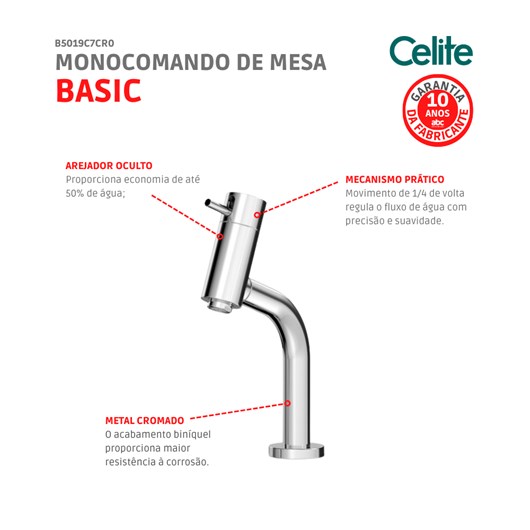 Monocomando De Mesa Para Lavatório Bica Baixa Basic Cromado Celite - Imagem principal - 28a6b3da-e9a4-4605-9d37-c412406f2cf5