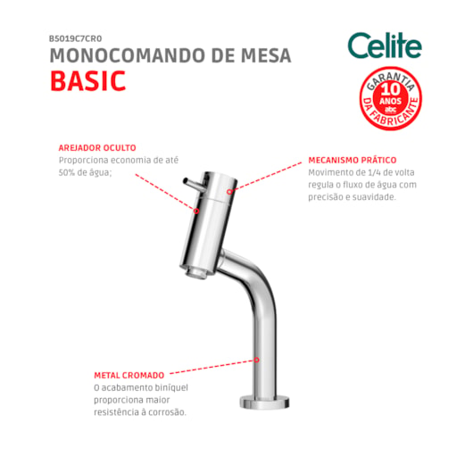 Monocomando De Mesa Para Lavatório Bica Baixa Basic Cromado Celite - Imagem principal - eb196d3e-8d79-4772-abed-436246853cac
