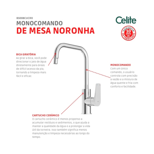 Monocomando Para Cozinha De Mesa Bica Alta E Móvel Noronha Cromado Celite - Imagem principal - febd285b-a71b-492e-b8eb-d2ffad067cb6