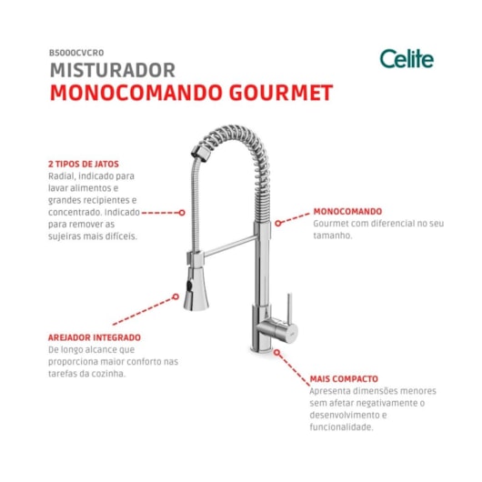 Monocomando Para Cozinha De Mesa Bica Móvel Gourmet Cromado Celite - Imagem principal - 6e9cef37-992c-4829-886f-24fbd45a3aed