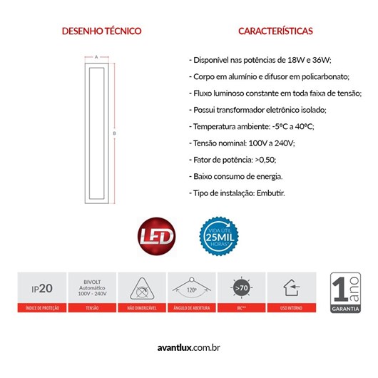Painel Fit LED Plafon de Embutir 36W Retangular 10x120cm Luz Neutra 4000K Bivolt Avant - Imagem principal - 355d6482-e72f-400d-a6bd-77bd260514d5
