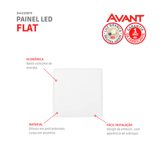 Painel Flat LED Plafon De Embutir 24W Quadrado 17cm Luz Neutra 4000K Bivolt Avant - Imagem principal - 995a1fd8-da21-4f56-b1ec-63ac69bdfb8c