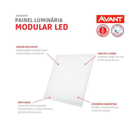 Painel Modular LED de Embutir 45W Quadrado Luz Branca 6500K Bivolt Avant 62,5cm  - Imagem principal - 5ef92976-ab60-4bb7-96d4-da71f0b7120e