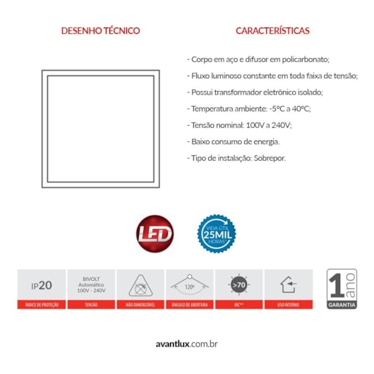 Painel Modular LED de Embutir 45W Quadrado Luz Branca 6500K Bivolt Avant 62,5cm  - Imagem principal - 62e06b6d-9830-43e0-939c-fbb2909cc402