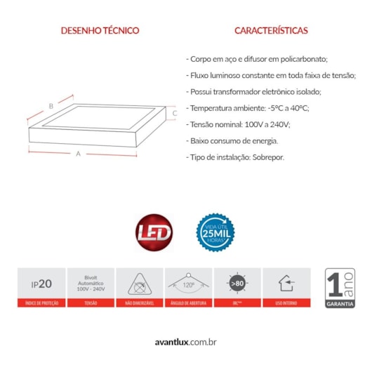 Painel Modular LED de Sobrepor 45W Quadrado 60cm Luz Branca 6500K Bivolt Avant - Imagem principal - 693a6f2d-bd25-4b7f-8525-f013b0eaa08f